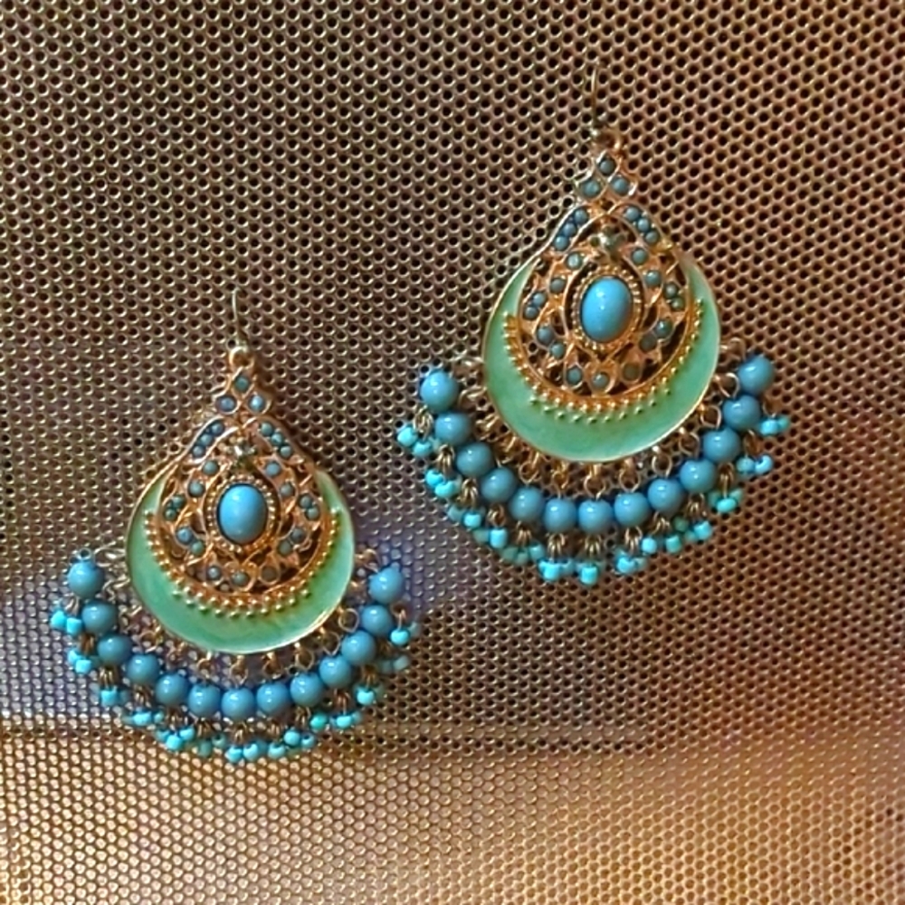 Ornate Blue Chandelier Earrings with Filigree Design
